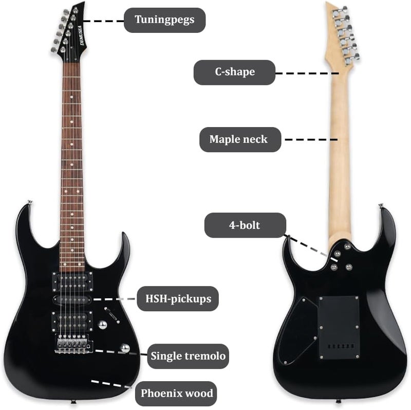 demusea electric guitar single tremolo black color 24frets HSH pickups dot inlay maple neck phoenix body 5ways toggle 1V 1T control portable practice for beginner starter or band player (YBNDOT-BK) - Image 2
